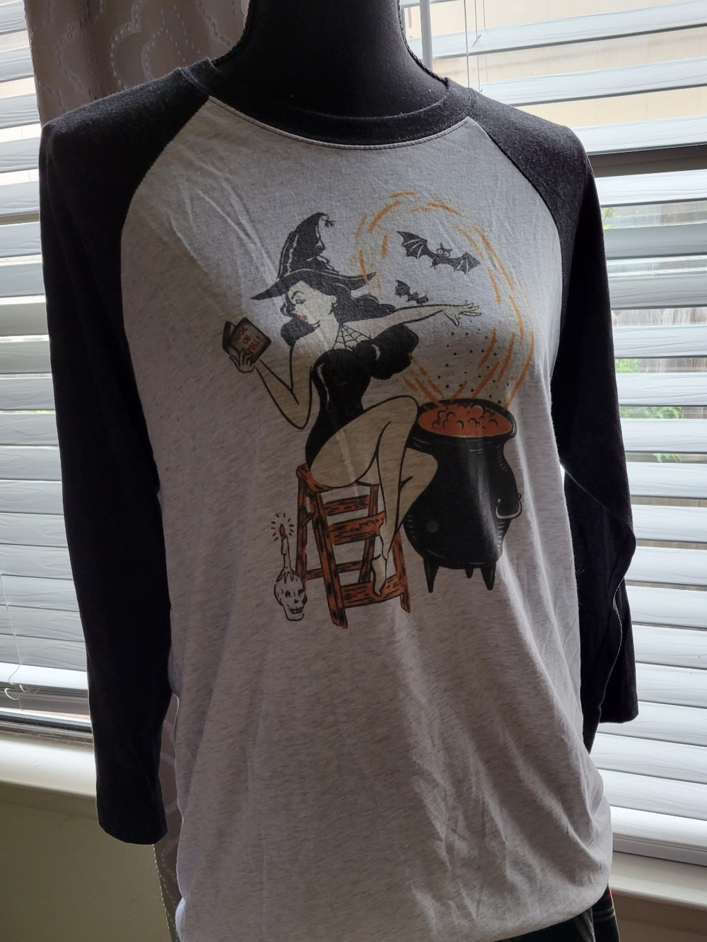 Mischief Made Witch Cauldron Graphic Raglan Tee - Black & Heather Gray